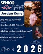 West Central High School Senior Spotlight for Jordan Kane, Class of 2026. Jordan is pictured in a striped button-down in a sunlit field, paired with a childhood photo of him holding a basketball. Text highlights his favorite class (Welding), the freshman-